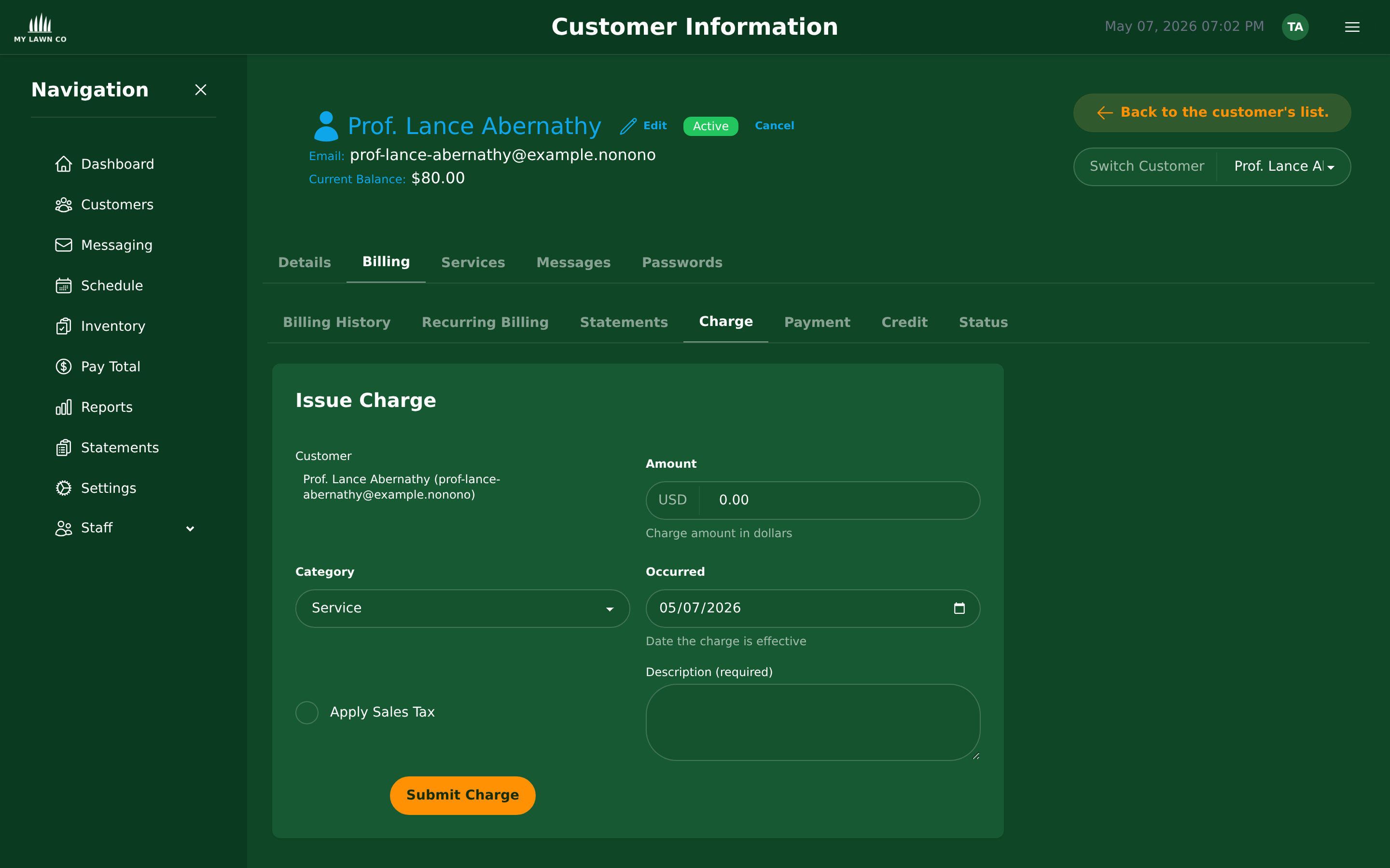 Issue Charge tab with amount, category, date, description, and sales tax toggle