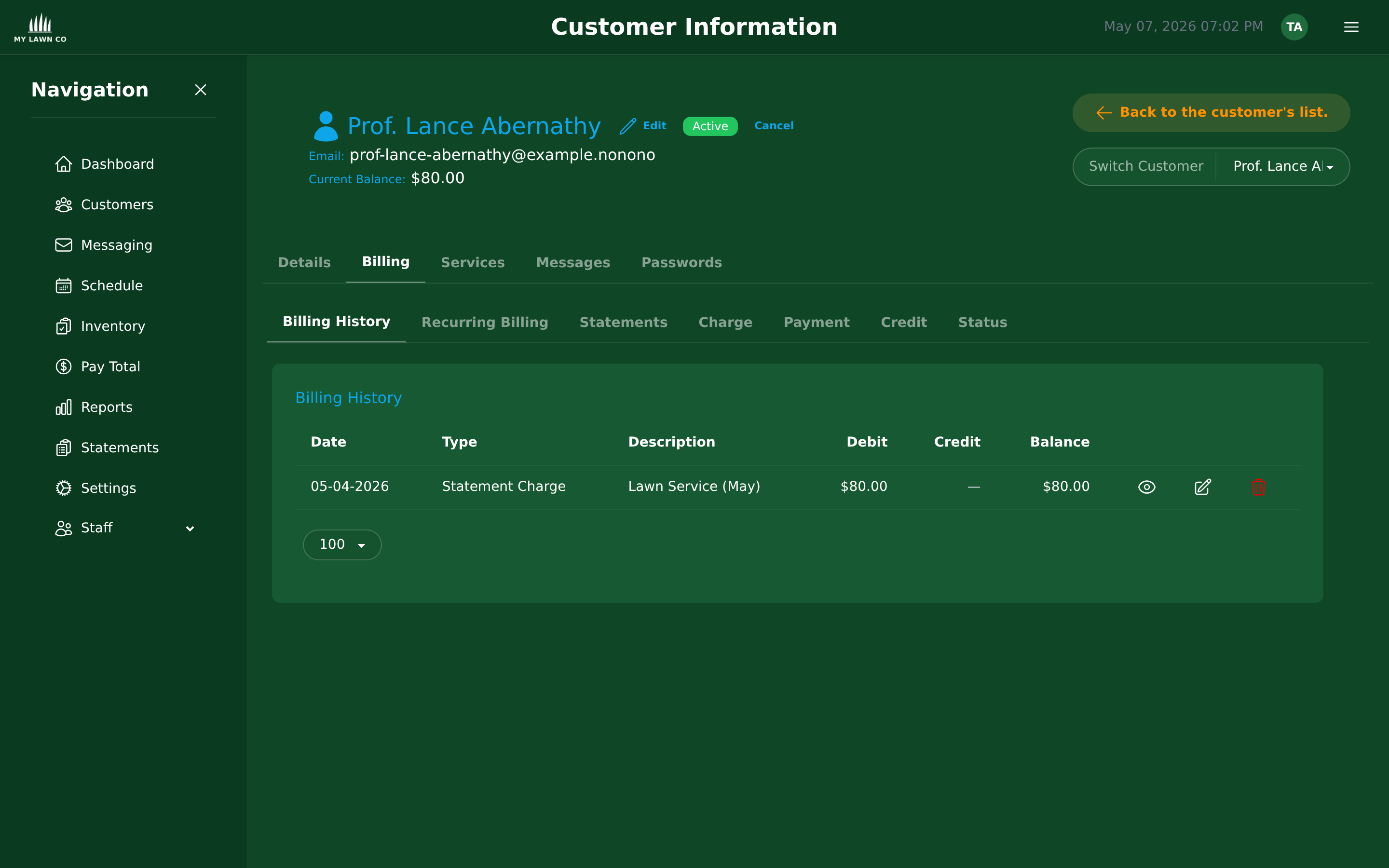 Customer billing history with charges, payments, and running balance