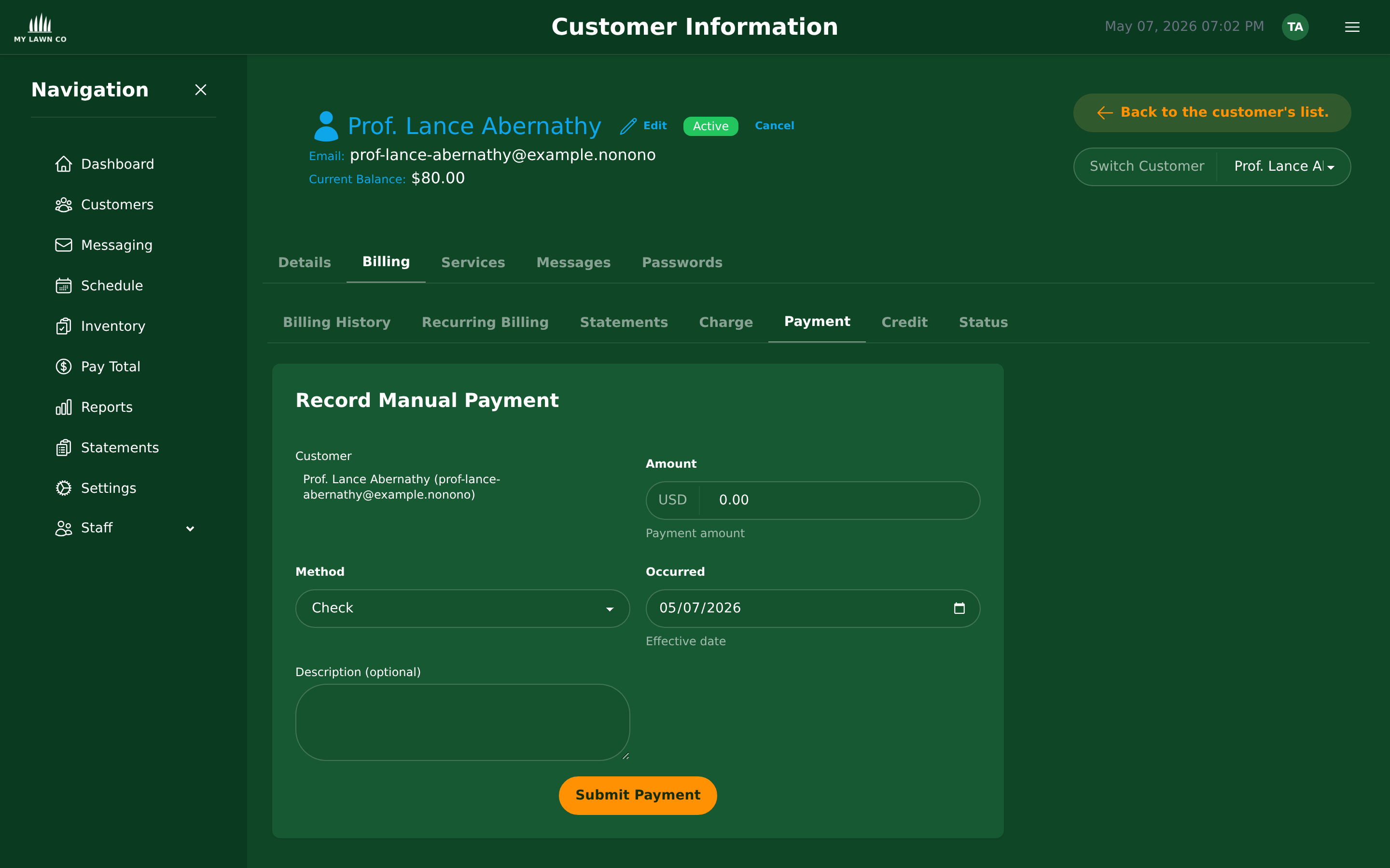 Record Payment tab with amount, method (Zelle/check/cash), reference number