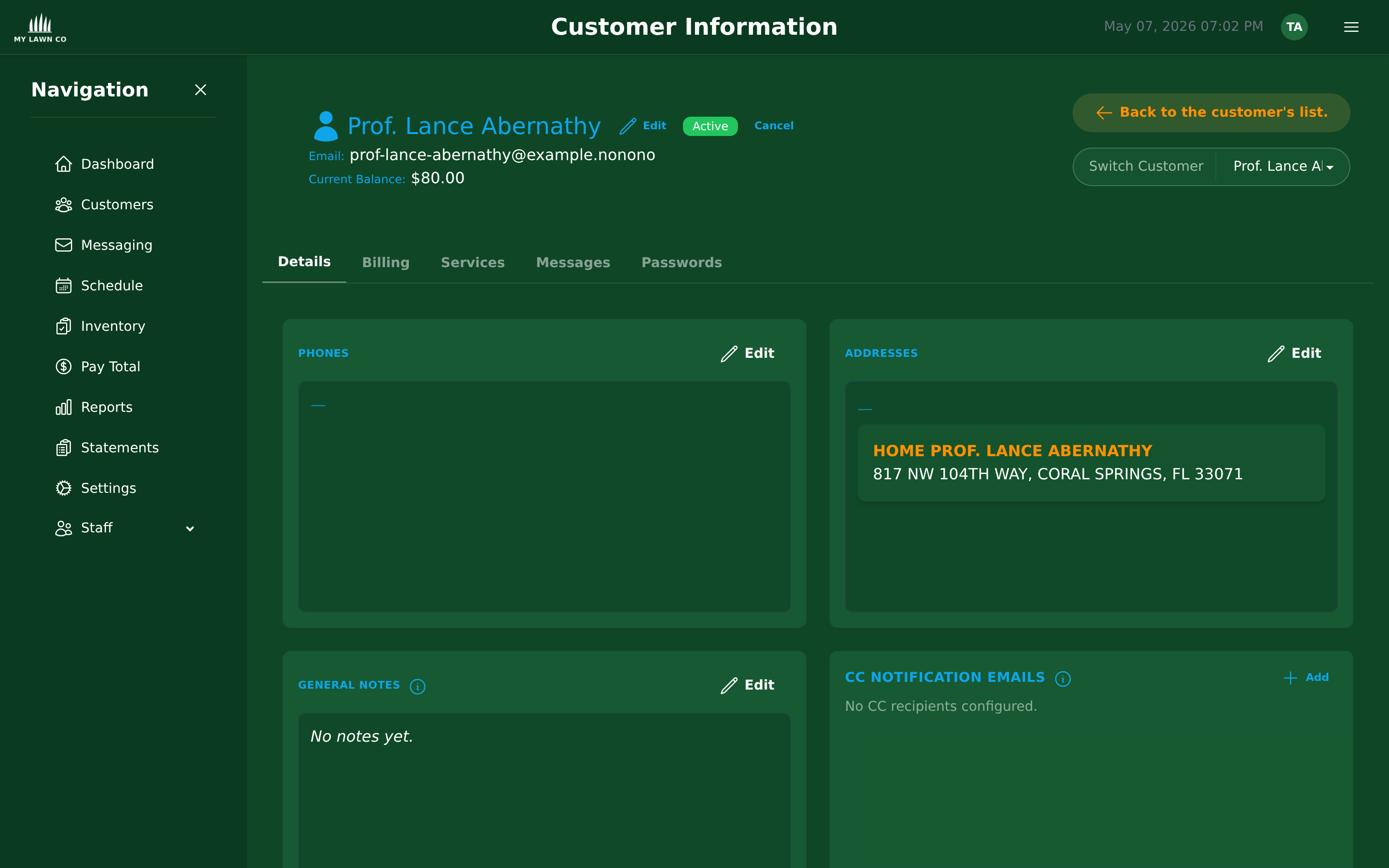 Customer information page with billing, services, and contact details