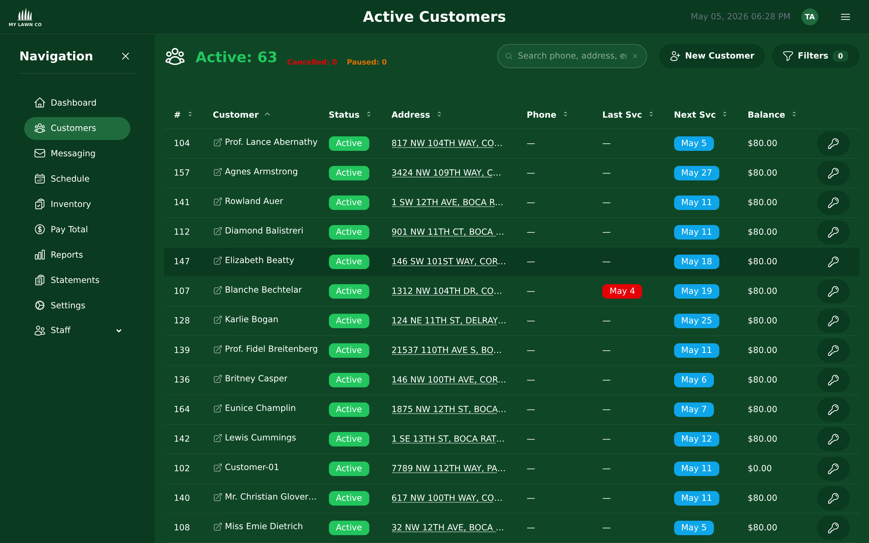 EZ Lawn Biller active customers list with status and balances