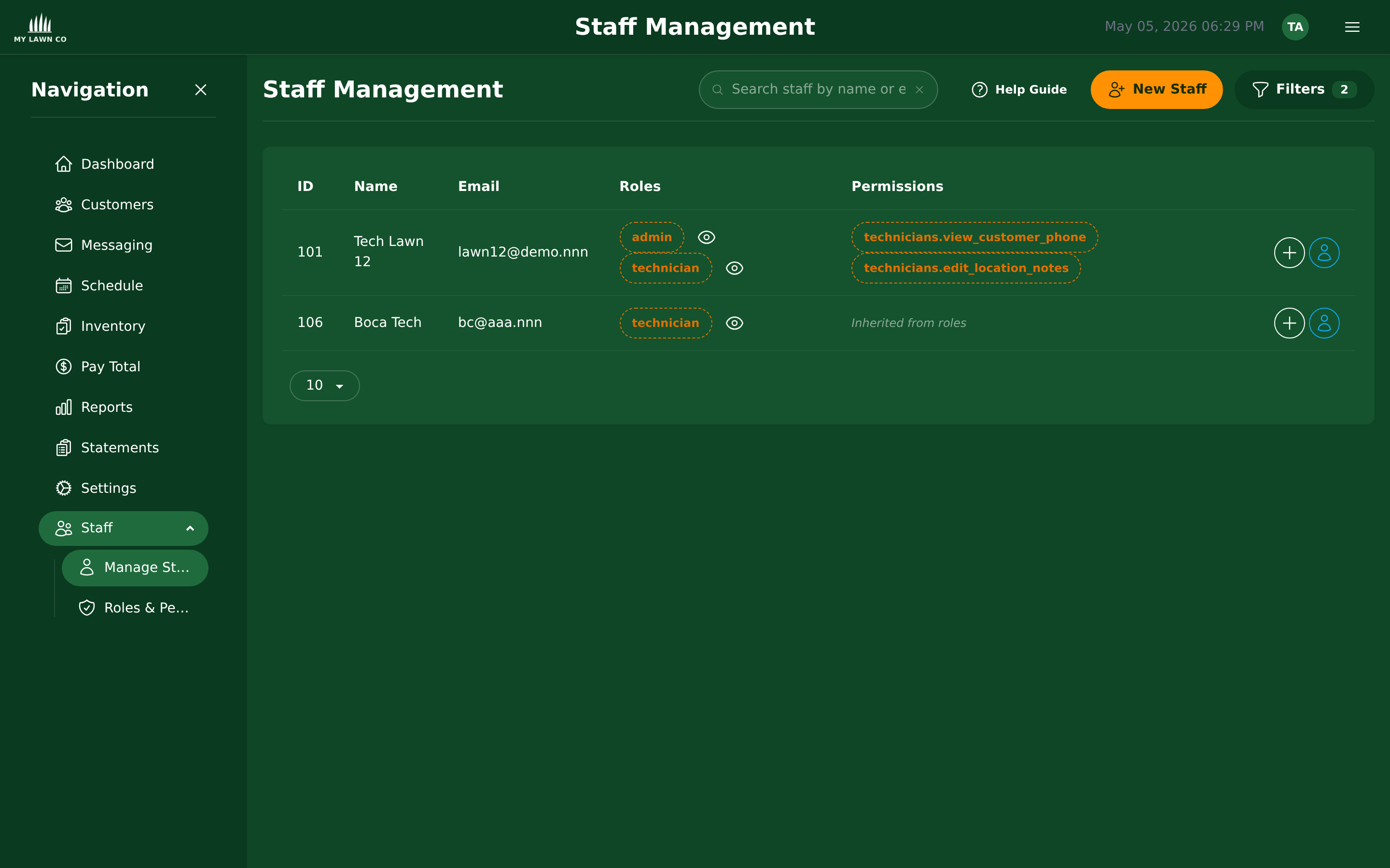 EZ Lawn Biller staff management screen showing team members with roles and impersonate buttons