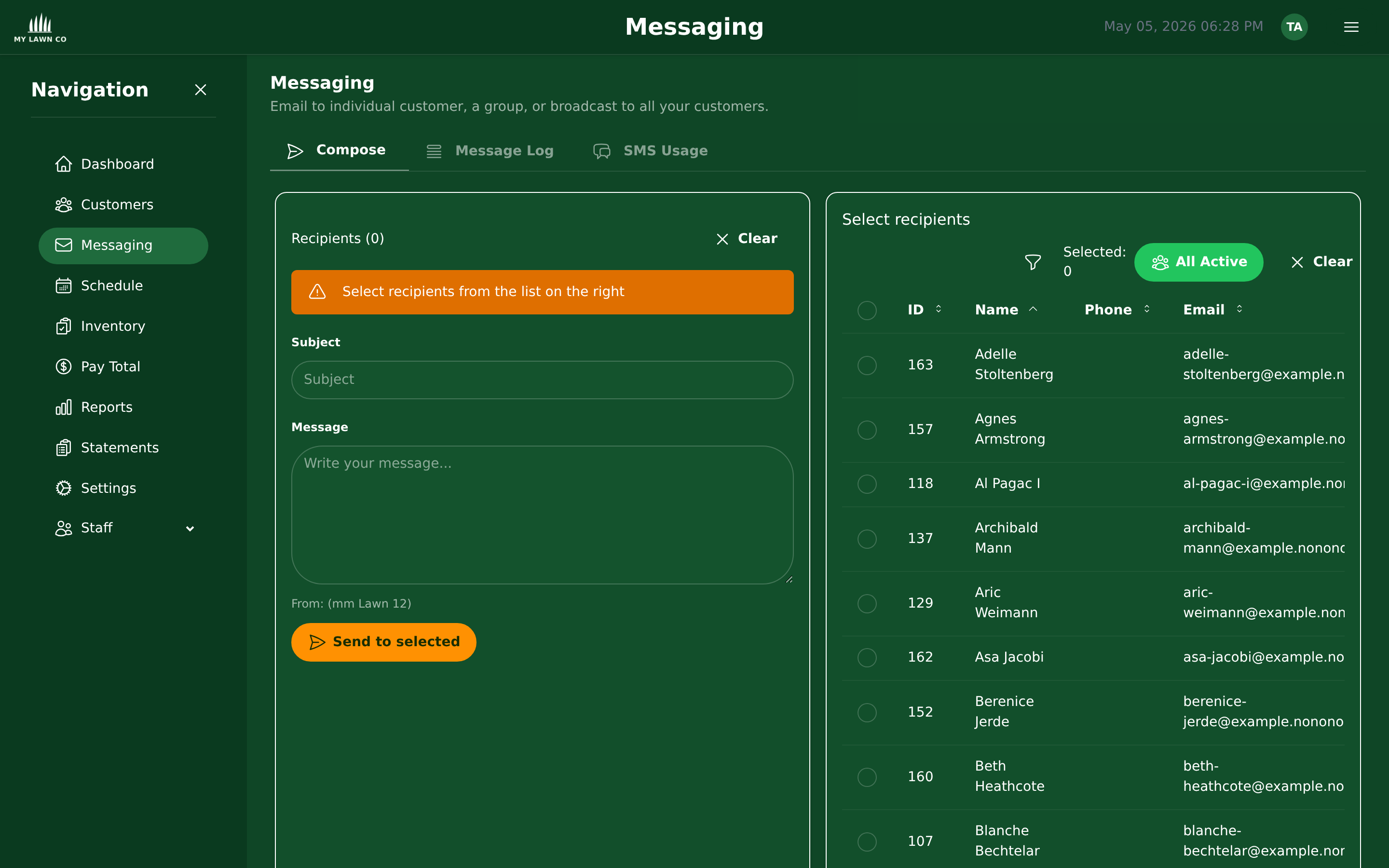 EZ Lawn Biller messaging and notification center