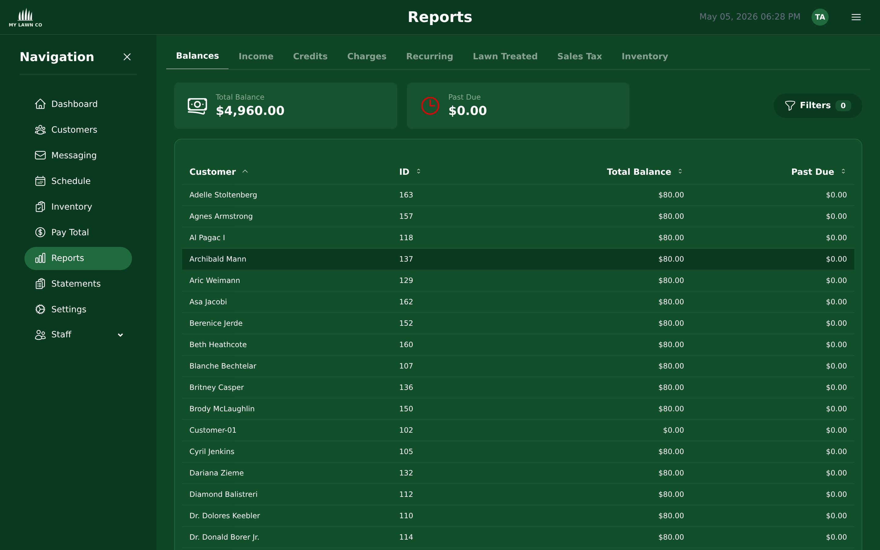 Reports dashboard with financial and operational reports