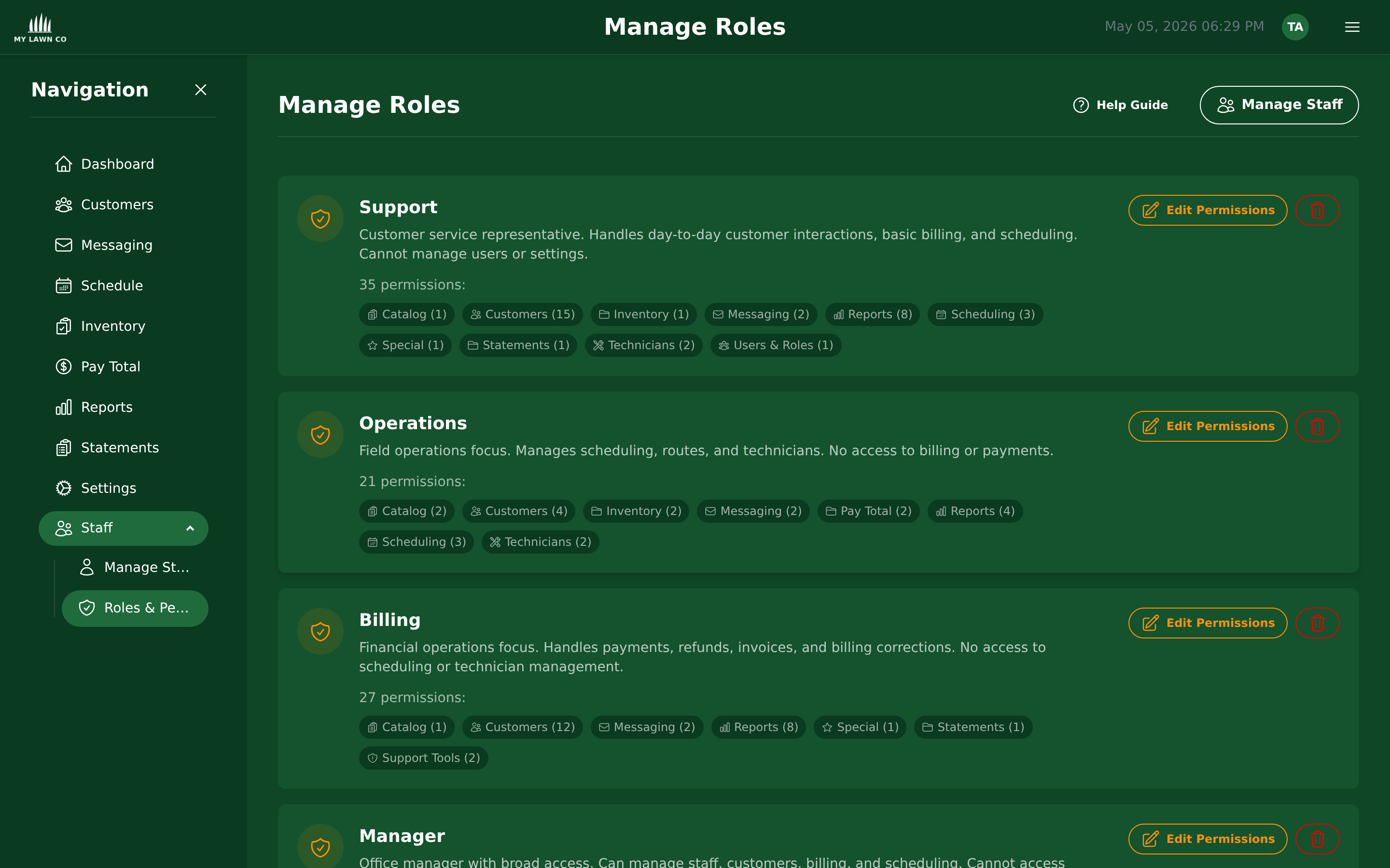 EZ Lawn Biller roles and permissions editor with granular access controls