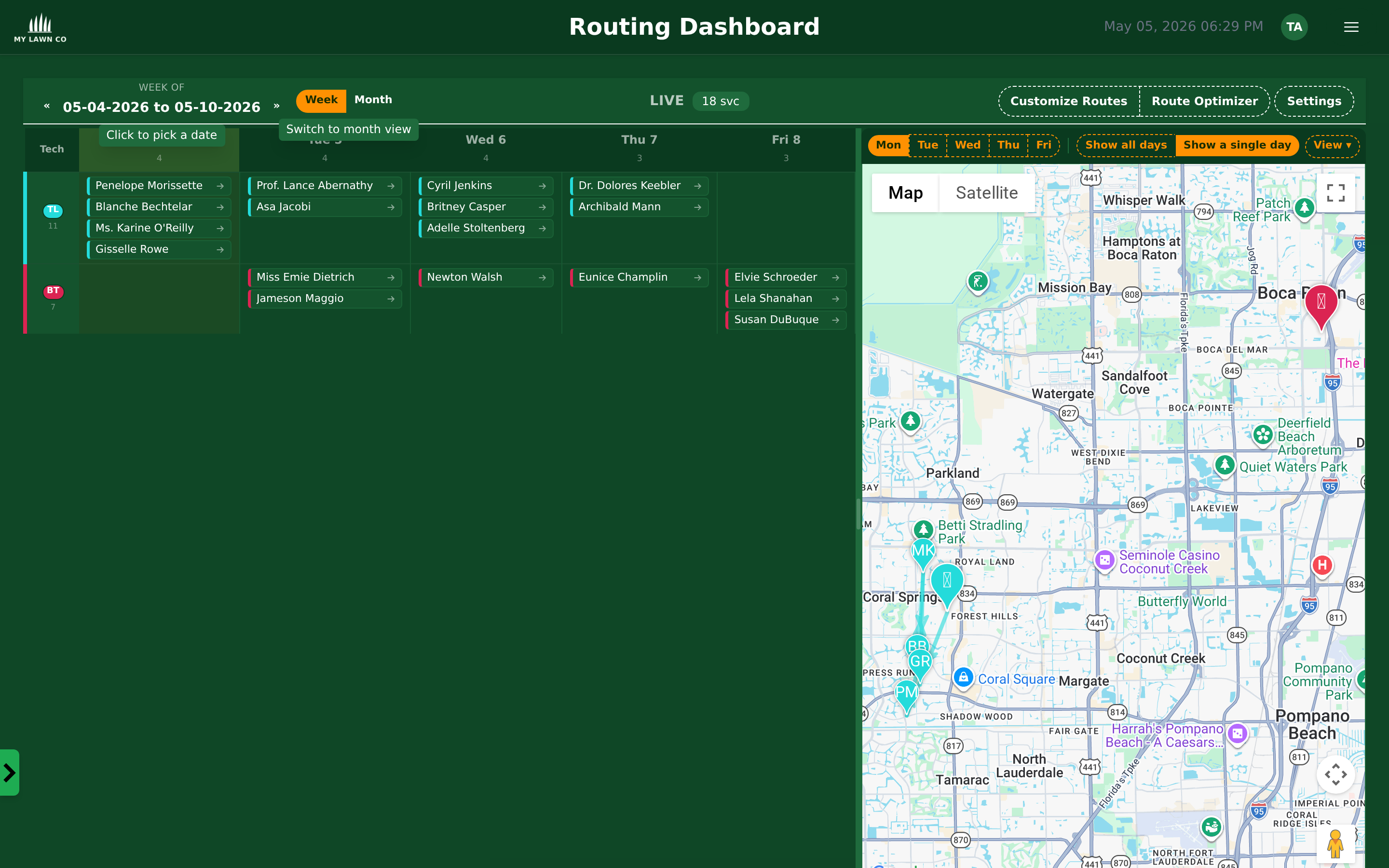 EZ Lawn Biller routing dashboard with weekly calendar and map