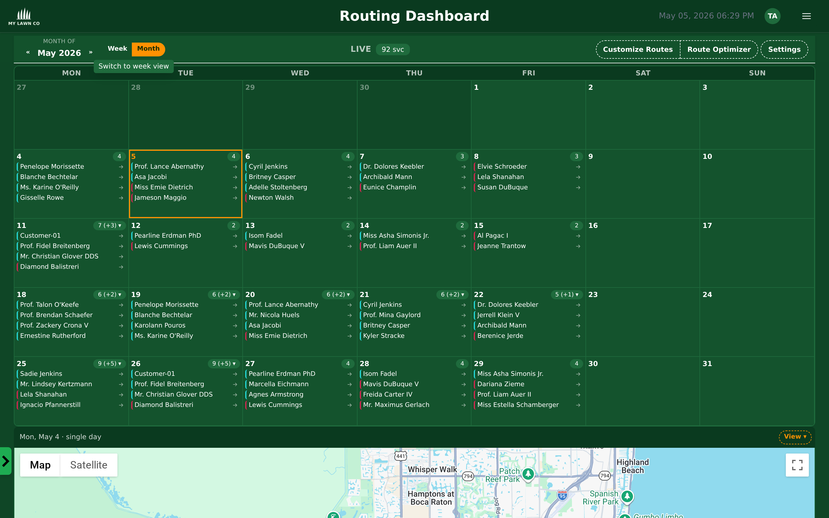 EZ Lawn Biller monthly routing calendar with per-day technician assignments