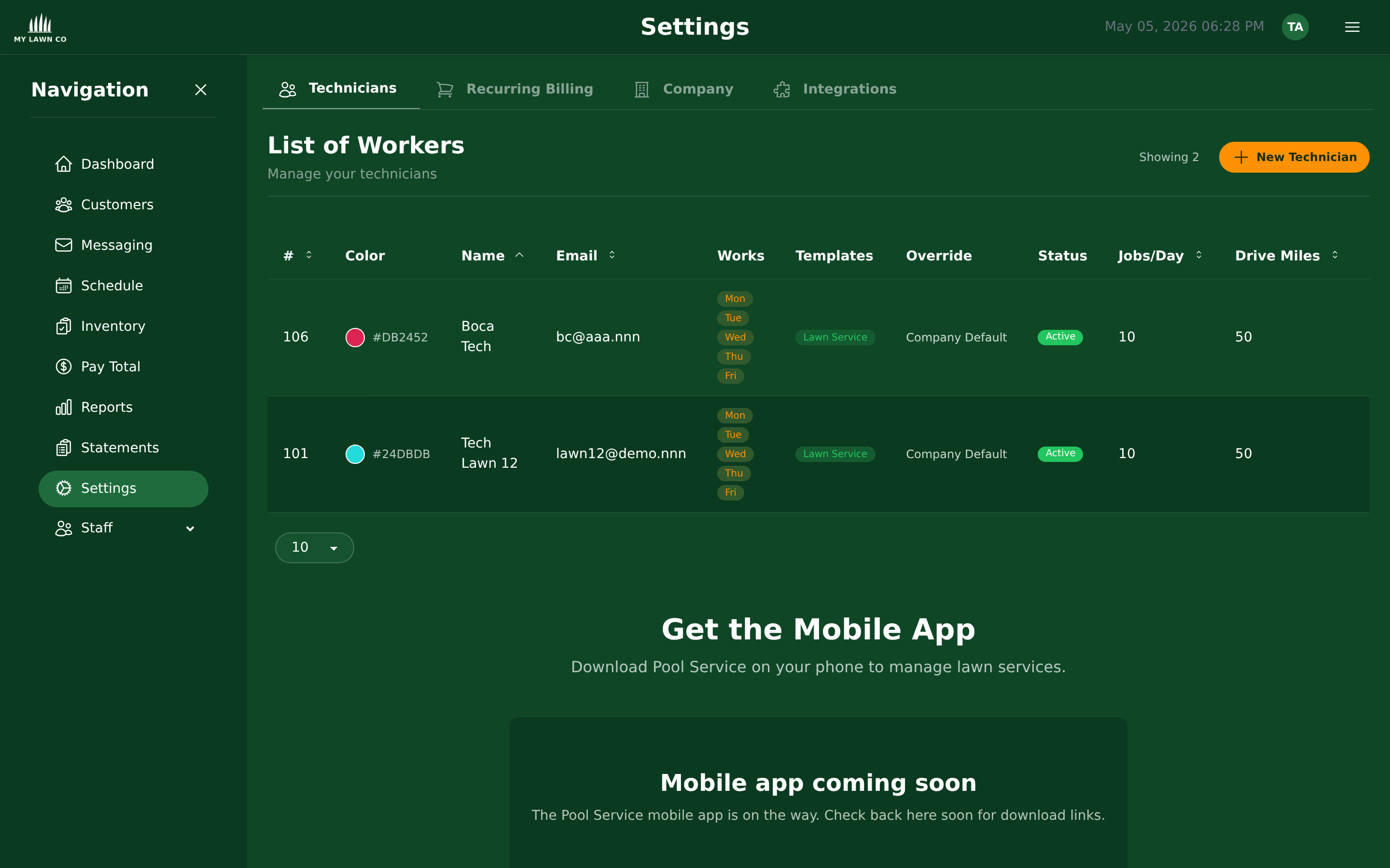 EZ Lawn Biller notification template and email settings