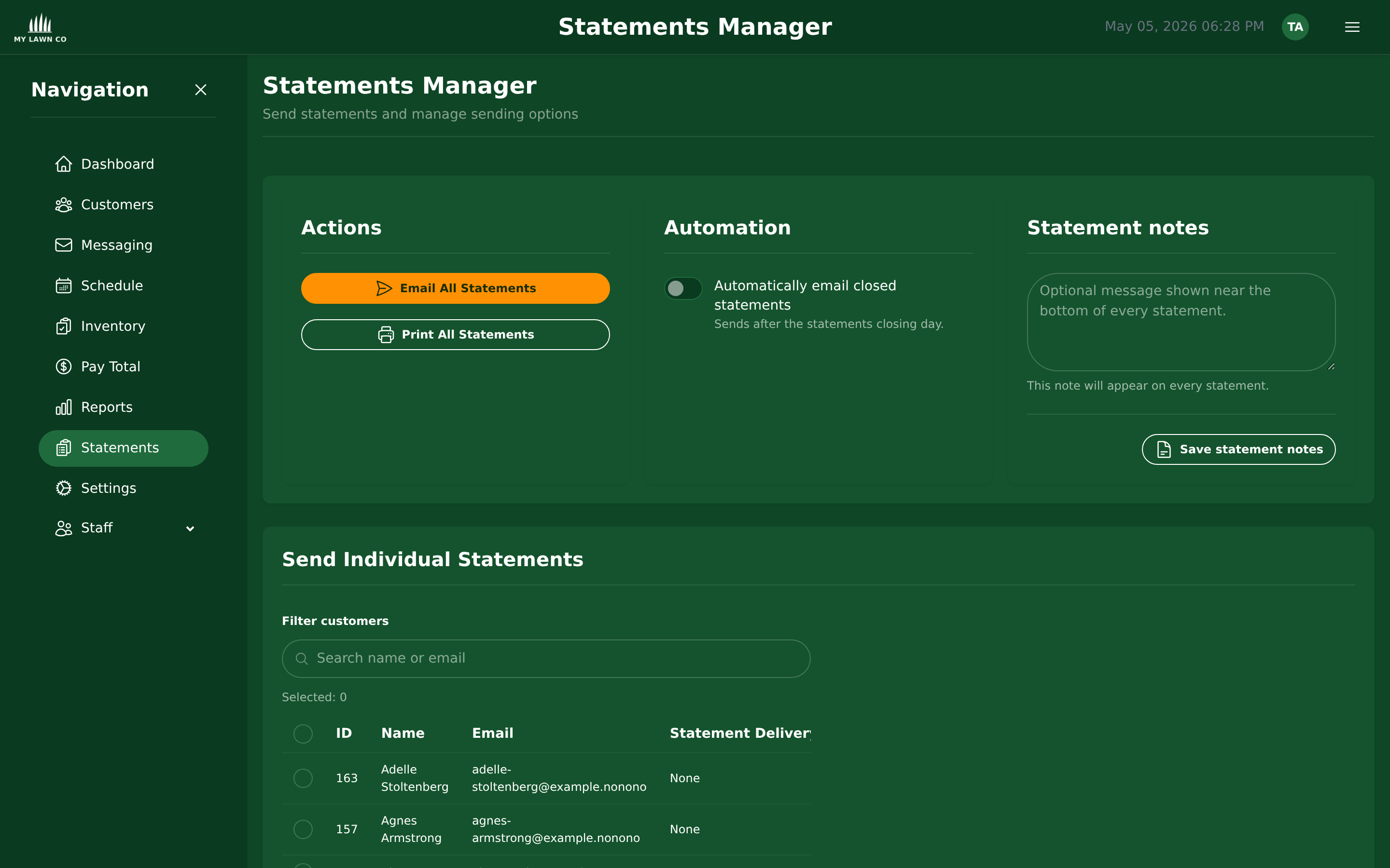 Statements manager with email and print options