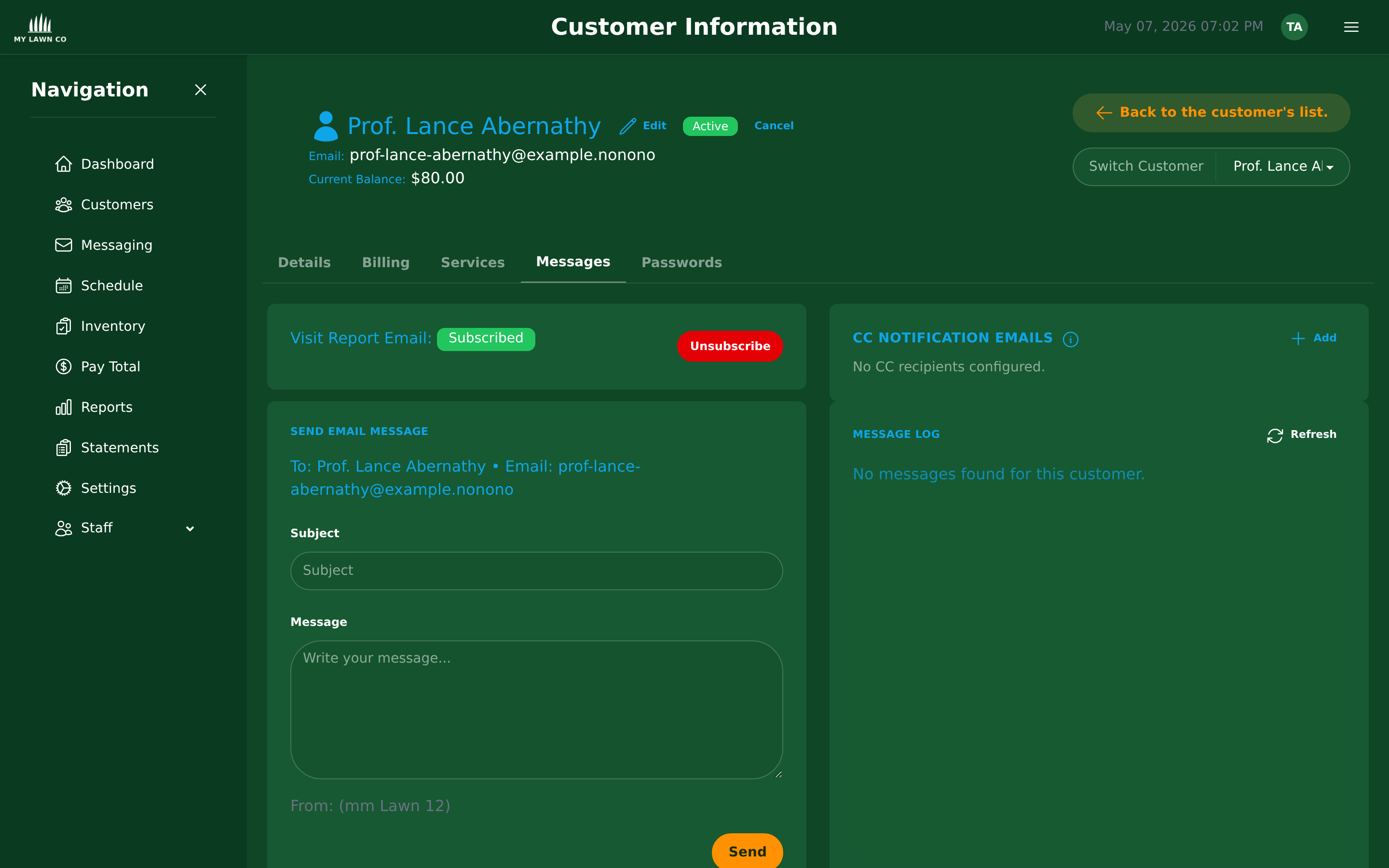 Customer messages tab with communication history