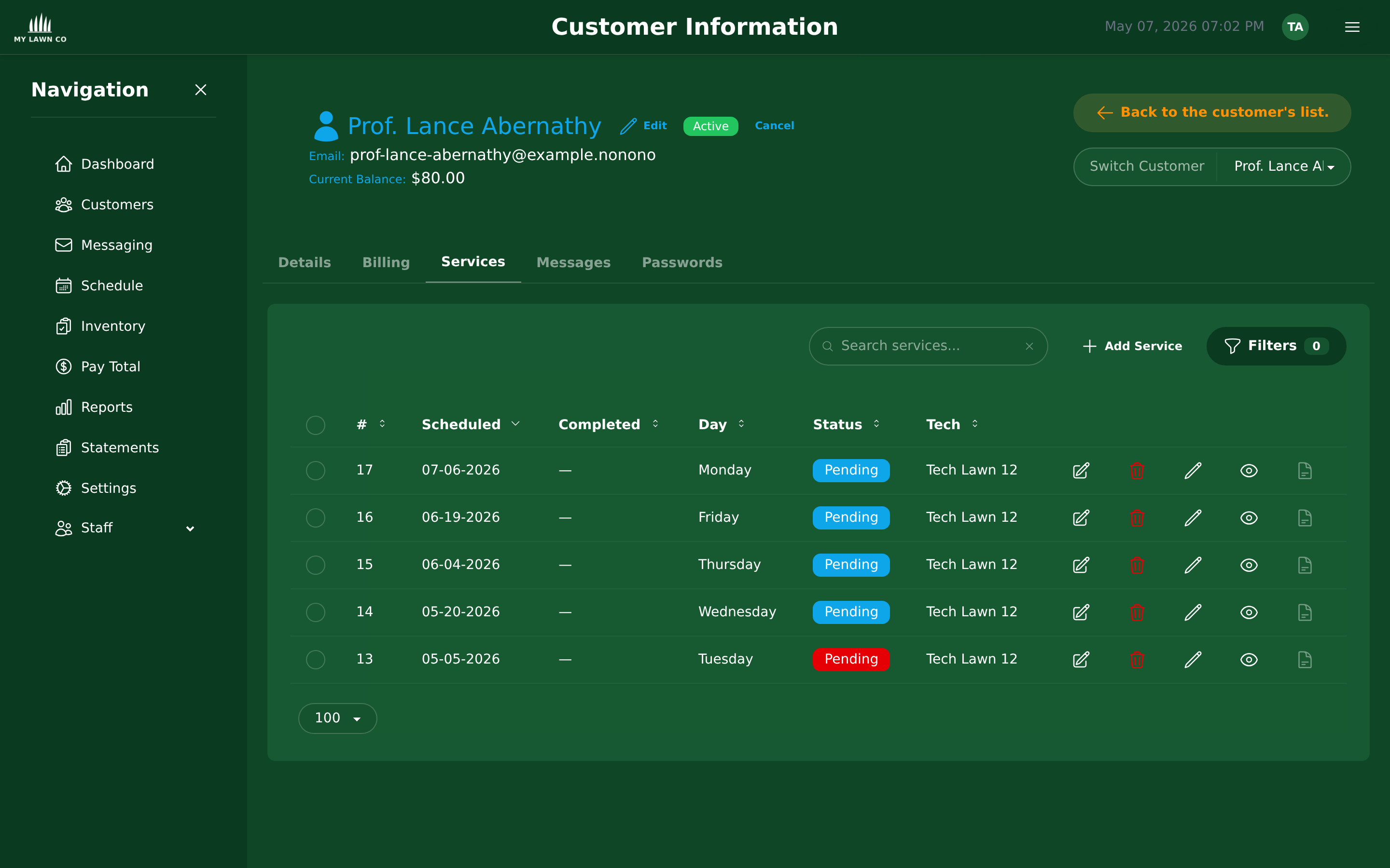 Customer services tab showing active subscriptions and service details