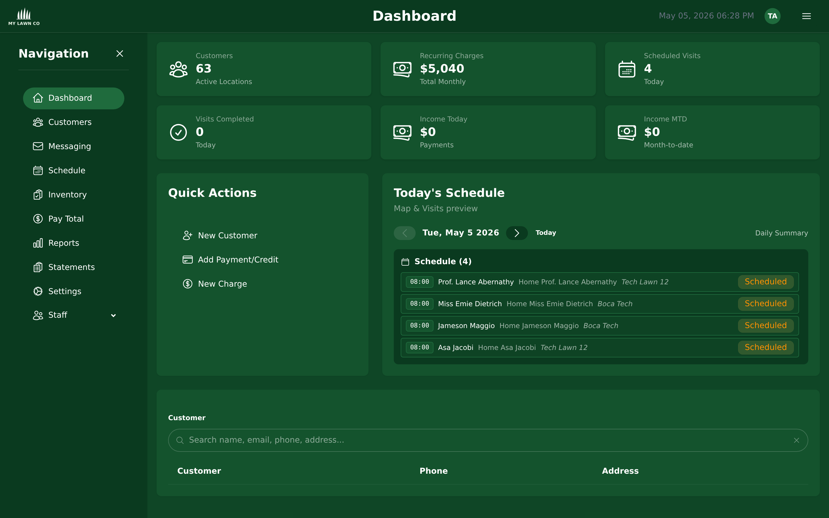 EZ Lawn Biller dashboard with welcome message and quick stats