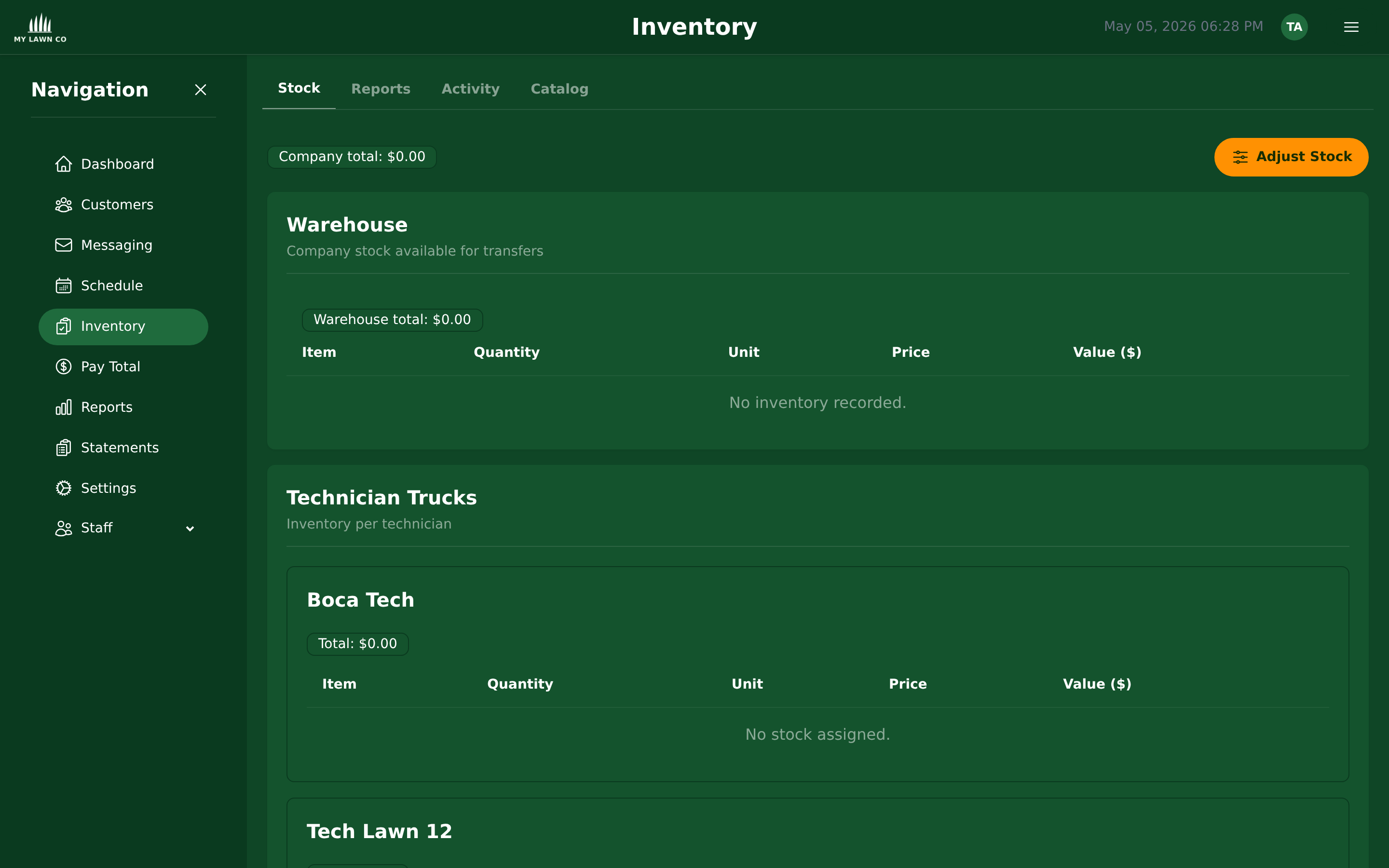 Inventory management with stock levels and visit reports