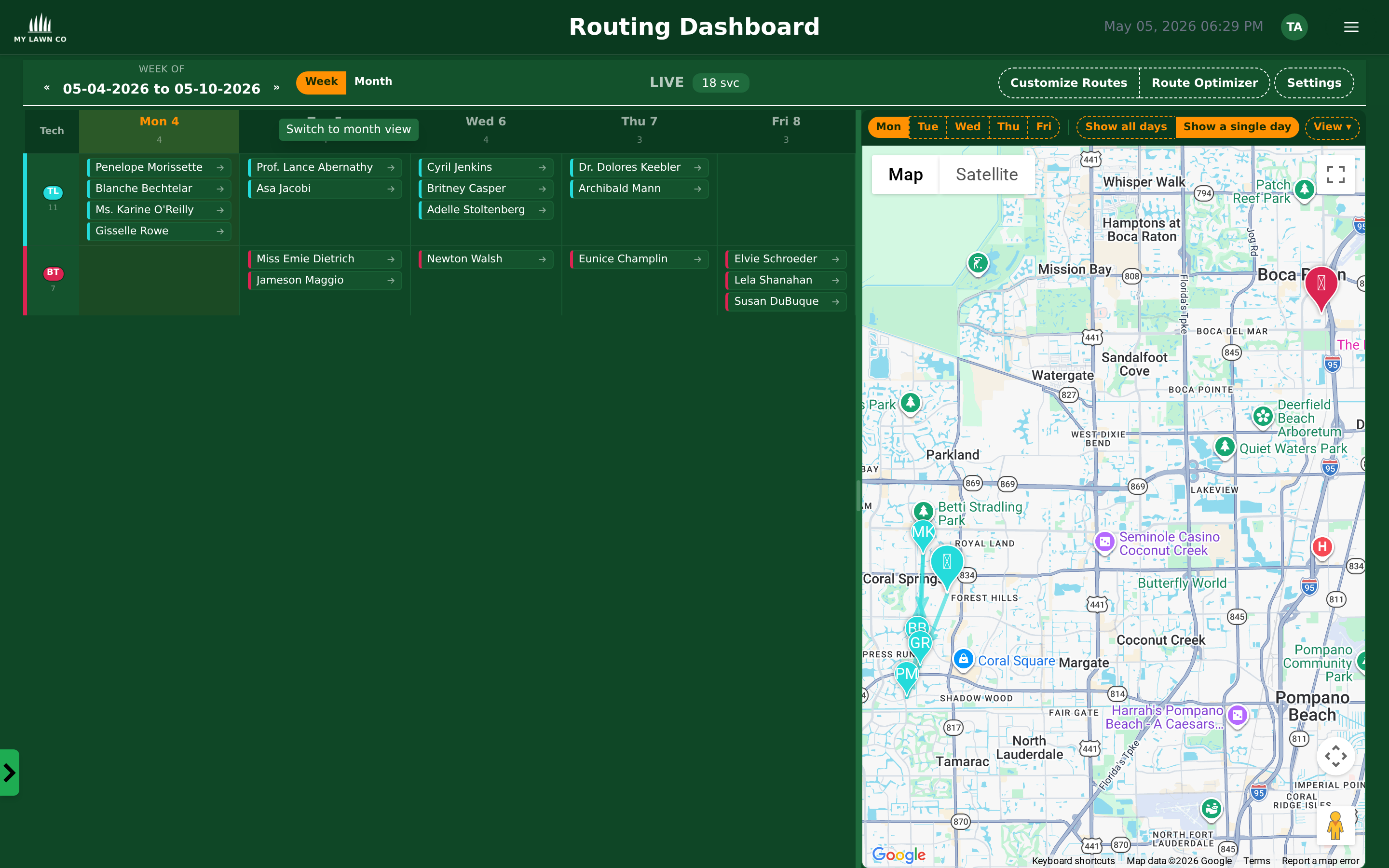 Routing dashboard with weekly calendar, technician grid, and interactive Google Maps showing service stops