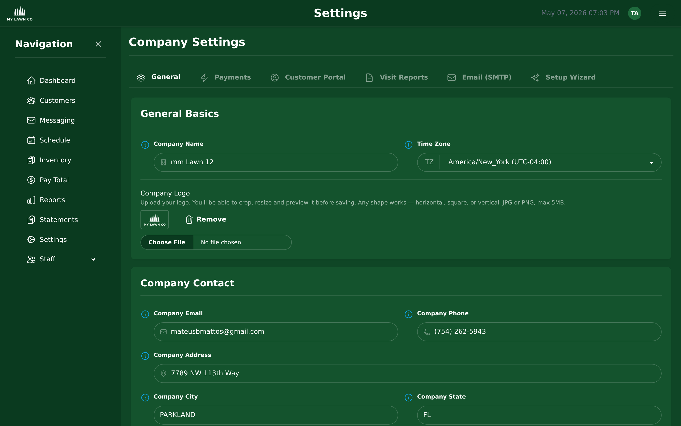 Setup Wizard step 1: Company Profile with name, address, email, phone