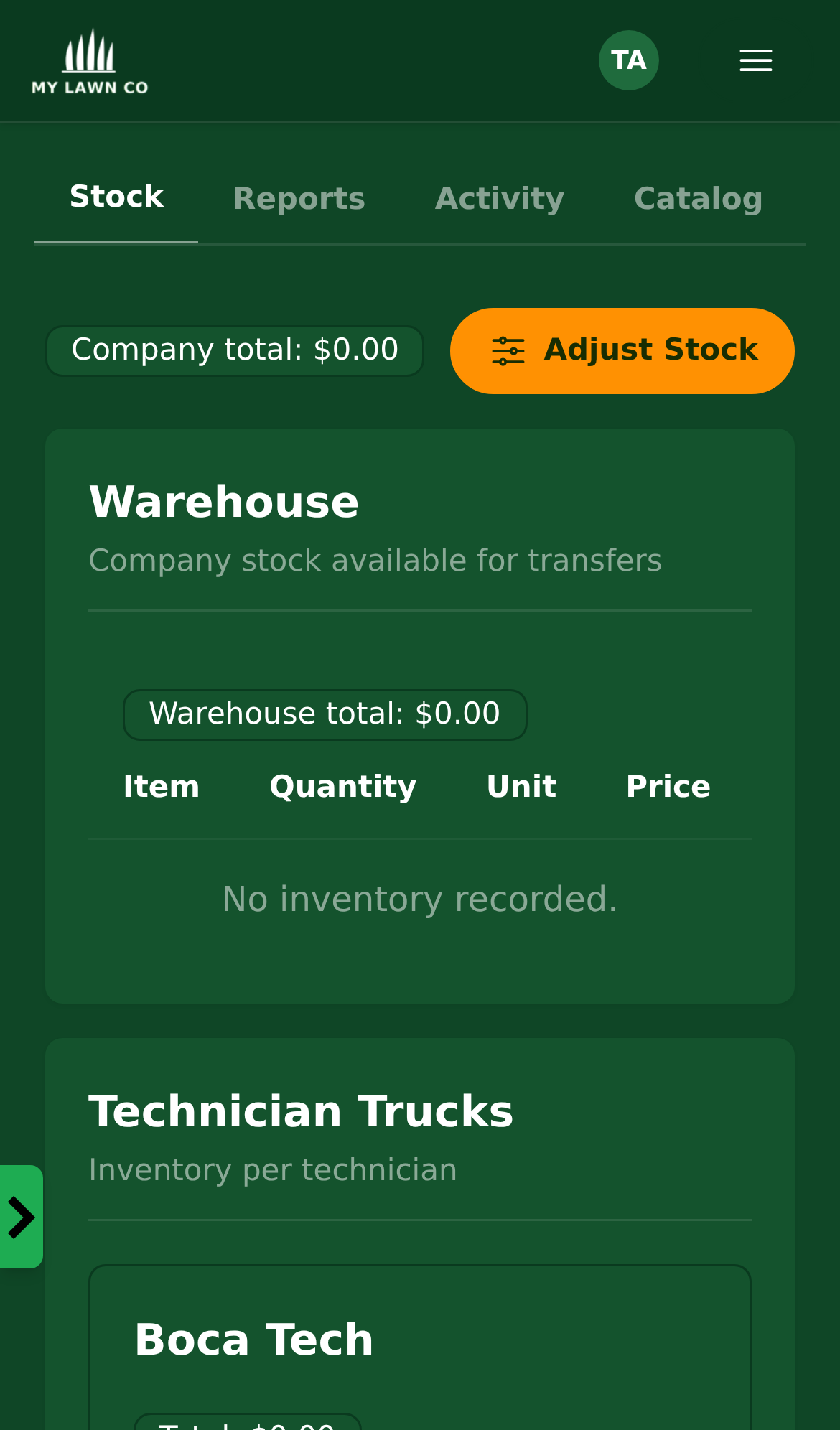 Inventory usage tracking with stock levels for fertilizer & treatments