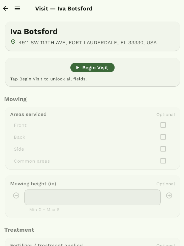EZ Lawn Biller mobile visit details with Begin Visit button and location instructions
