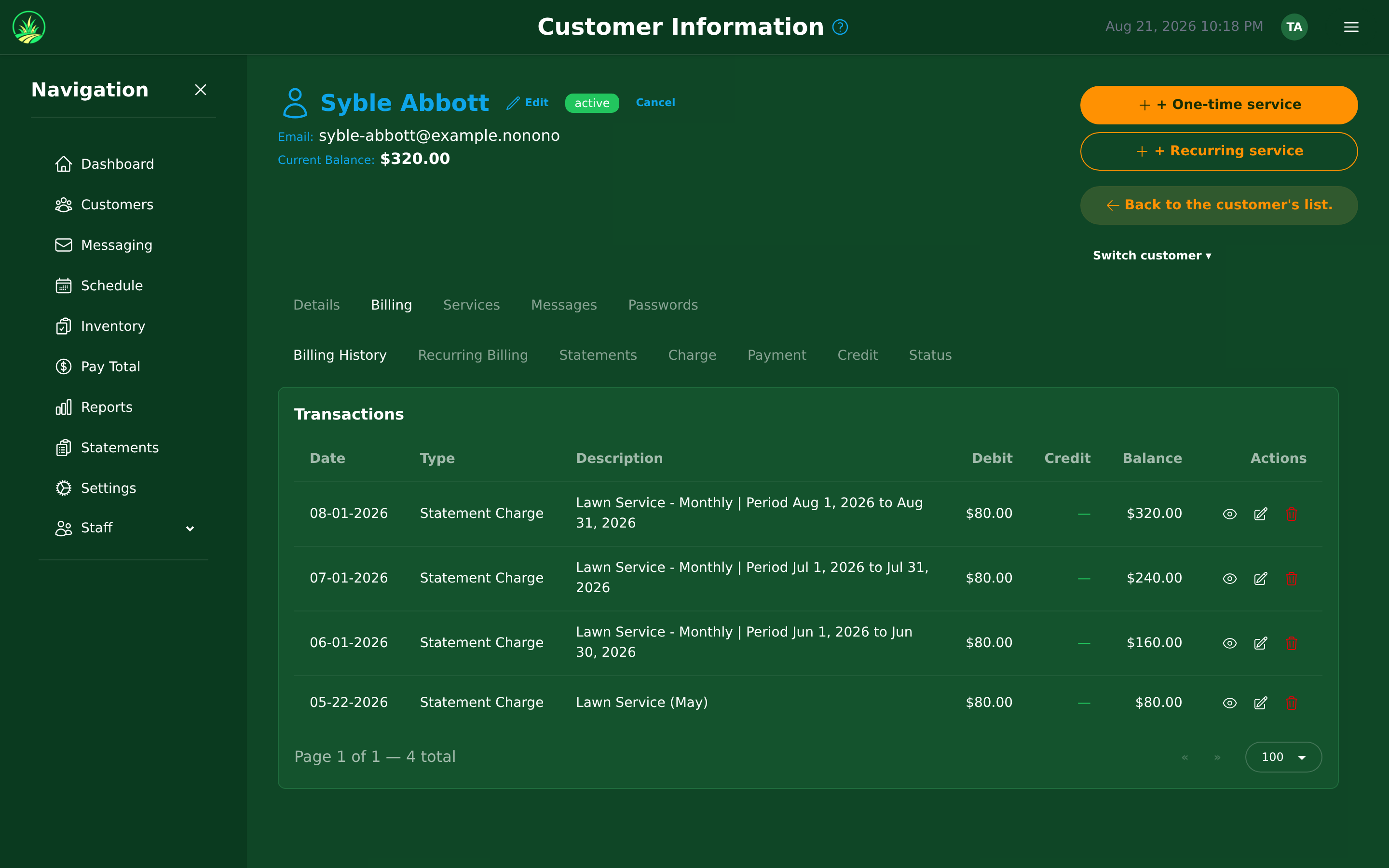 A customer's charges, payments and credits
