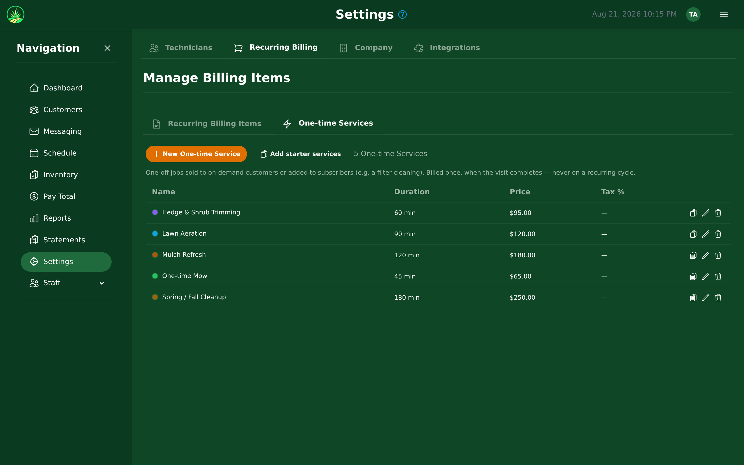 One-time services, with the starter jobs your account came with