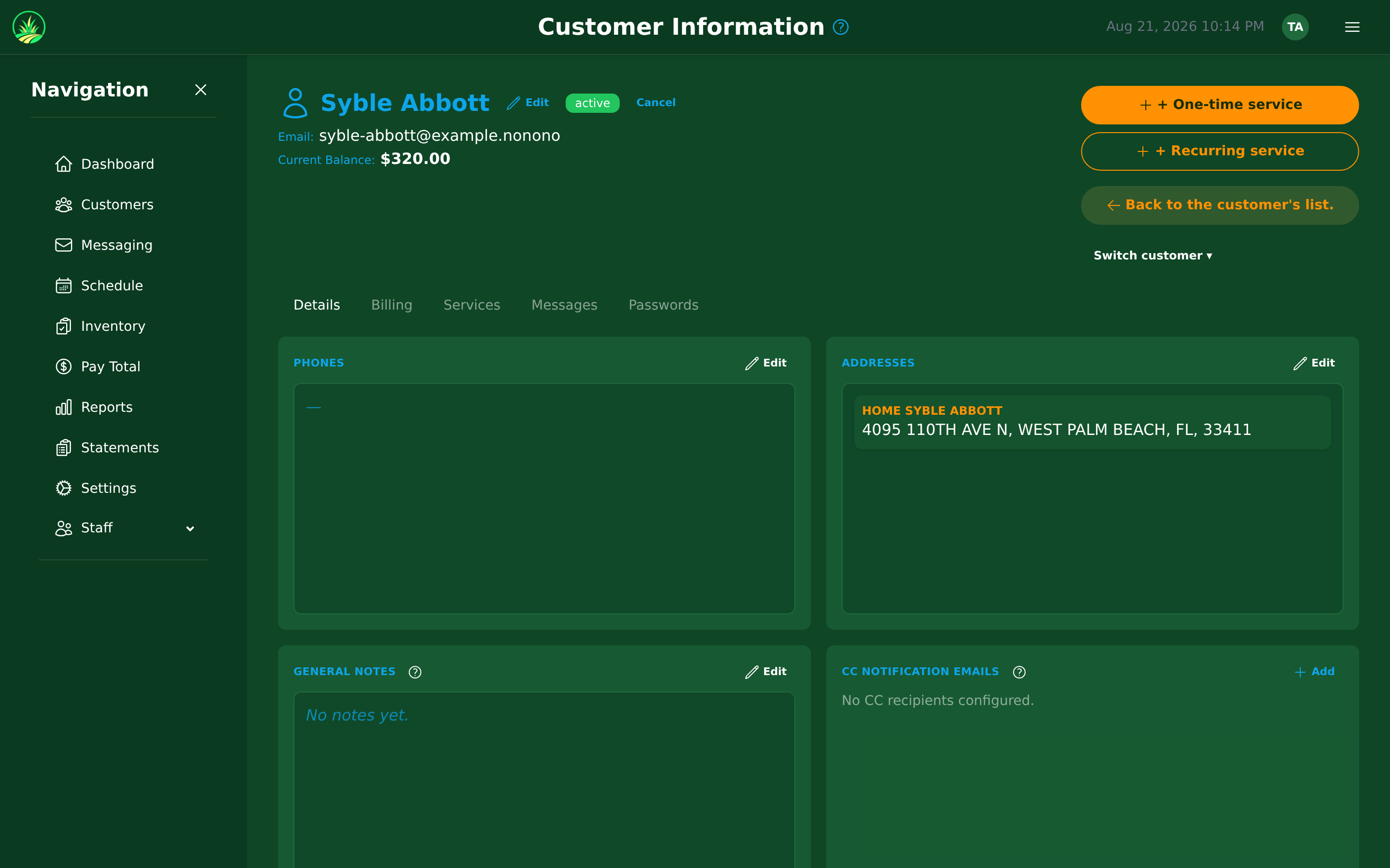 A customer's page — the lifecycle buttons sit at the top