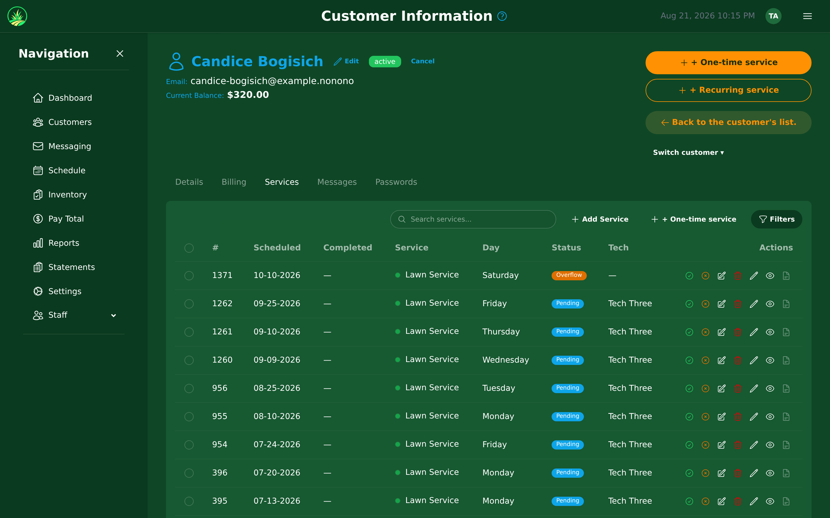 The Services tab — every visit for this customer