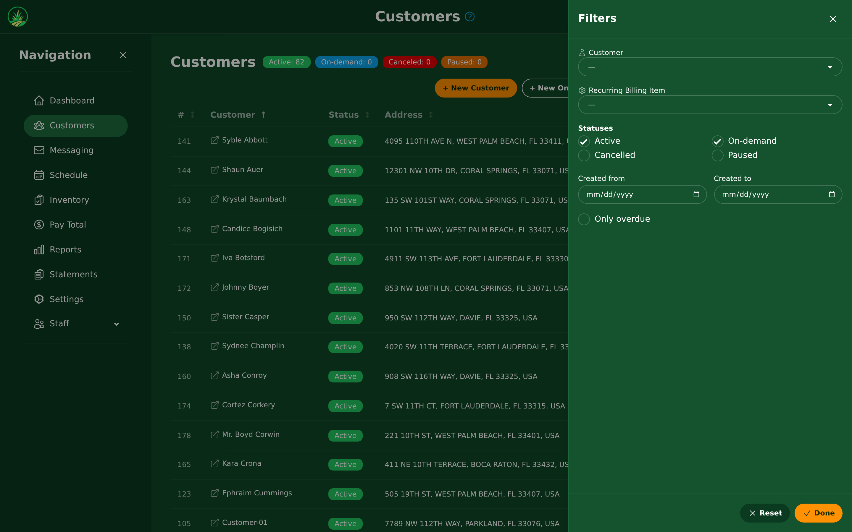 Filtering the customer list by status