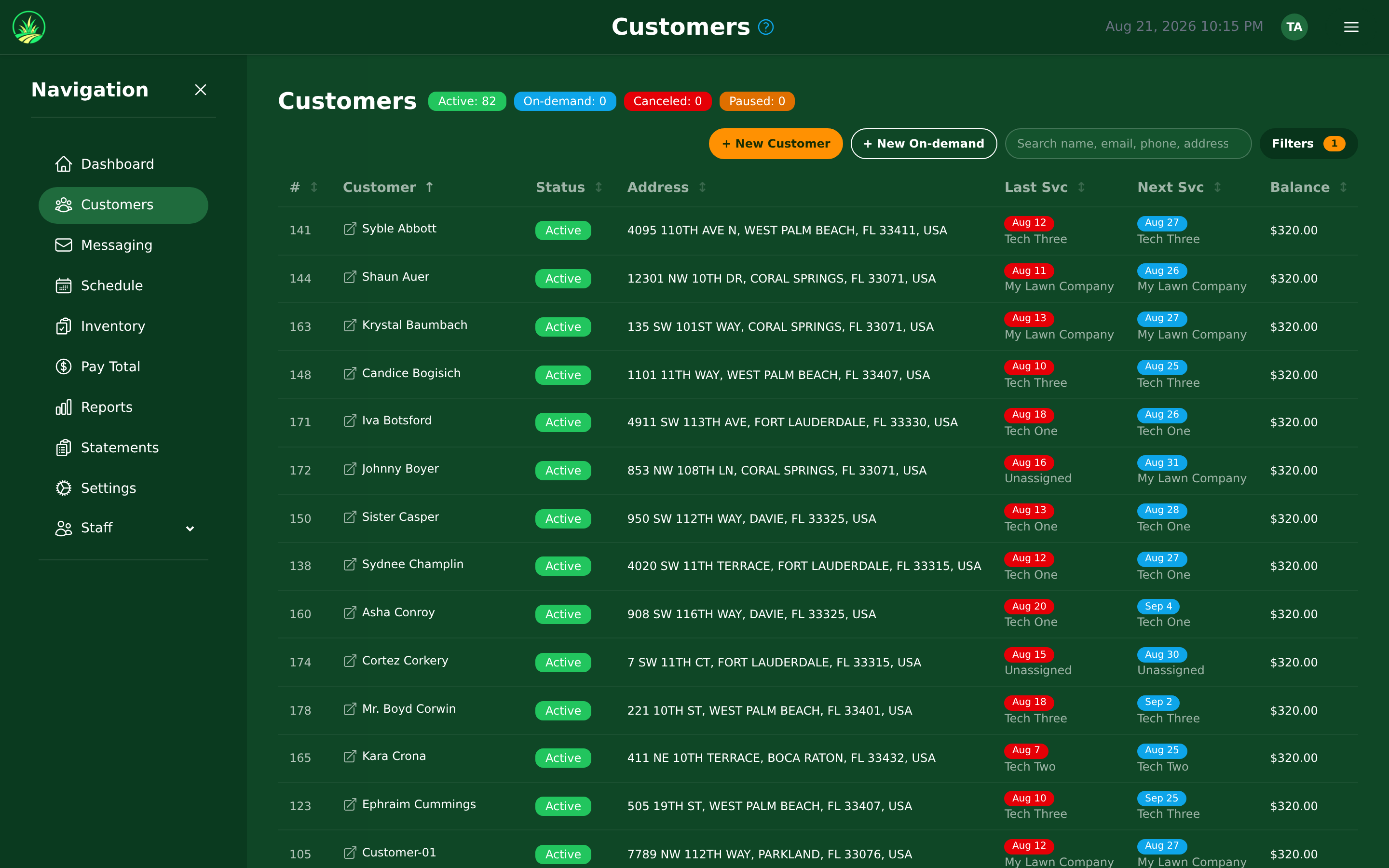 Your customer list, filtered to Active and On-demand