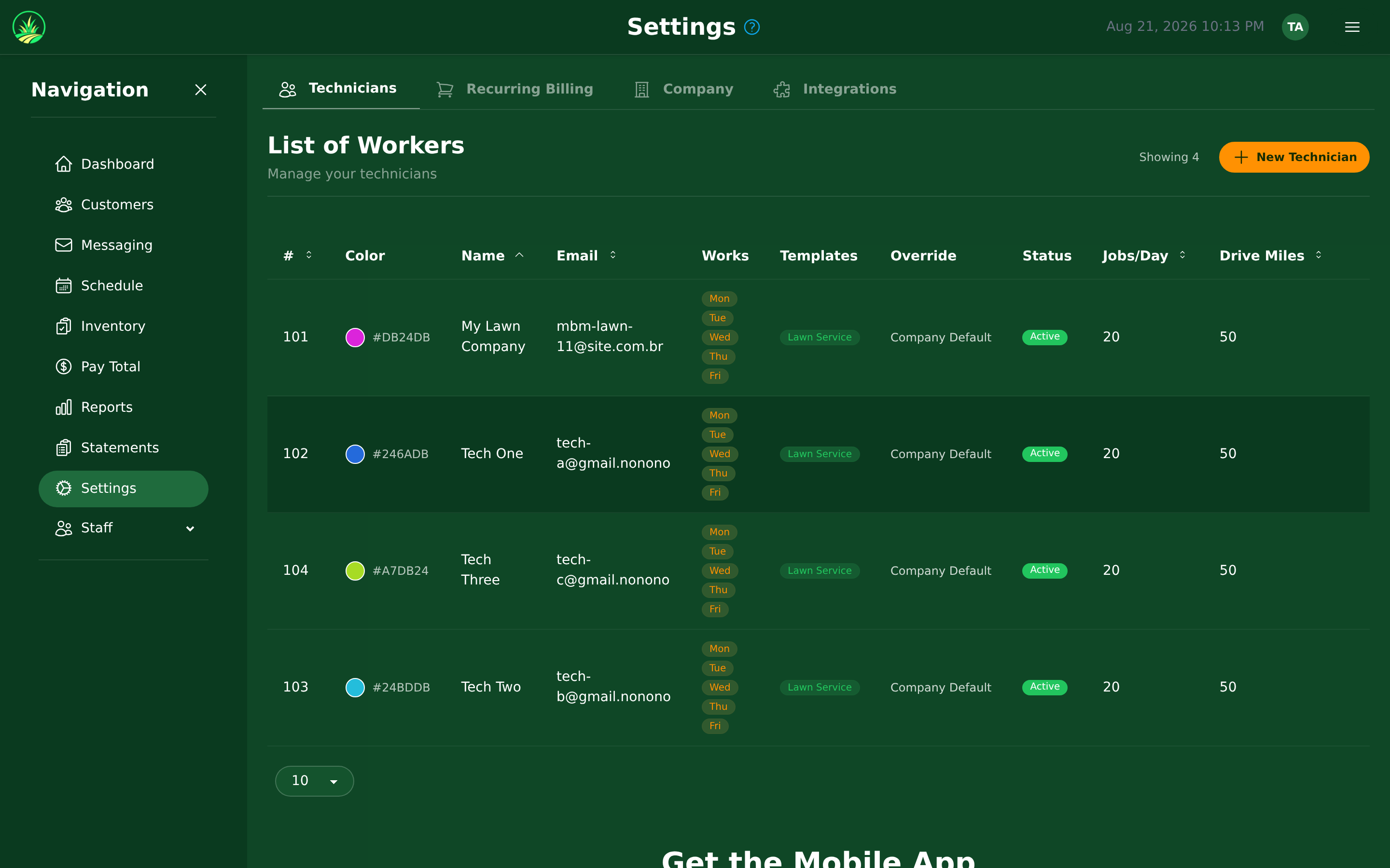 The Settings page and its four tabs