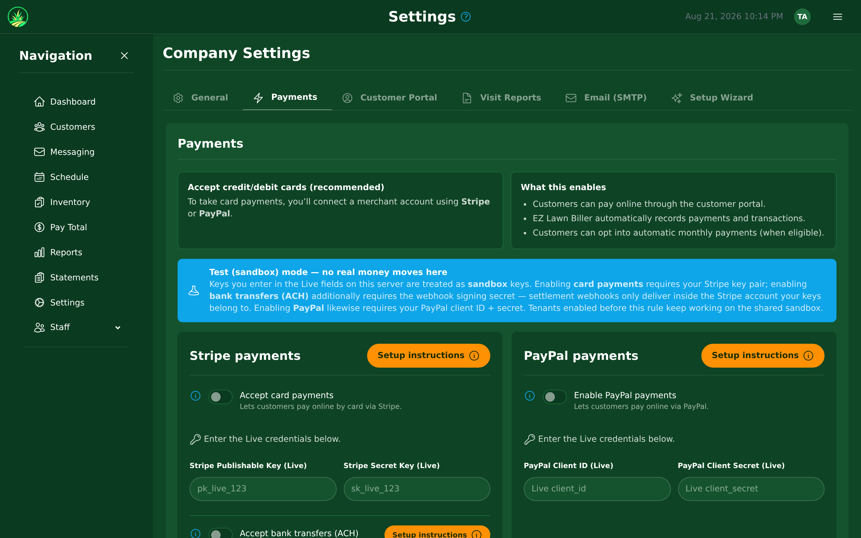 Payment settings — your Stripe and PayPal keys, and Test vs Live